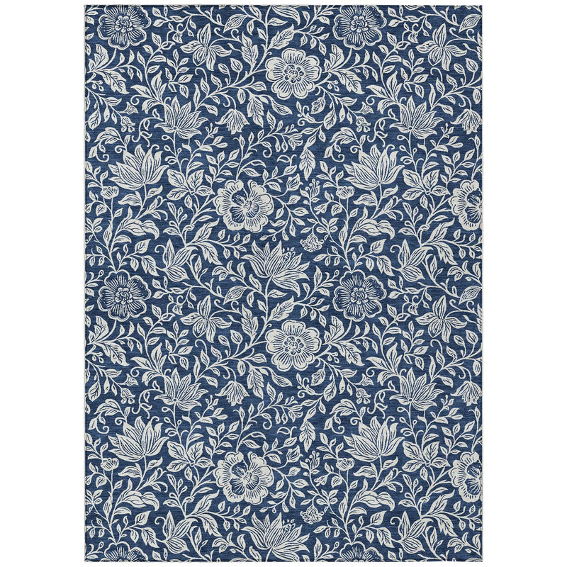 Navy floral wallpaper with white botanical prints, featuring intricate flower and vine designs, perfect for elegant decor.