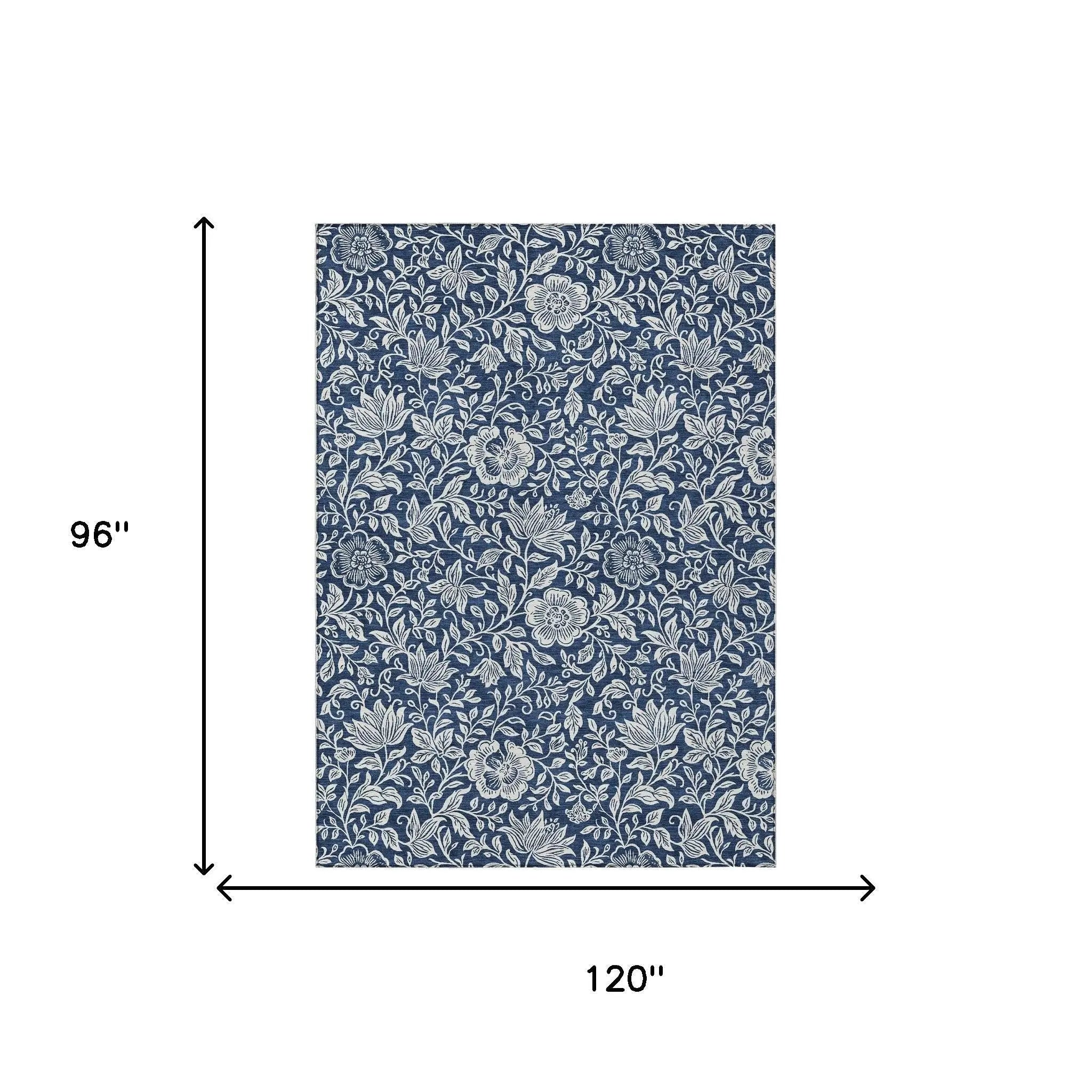8' X 10' Navy Blue And Ivory Floral Washable Indoor Outdoor Area Rug Homeroots Outdoor