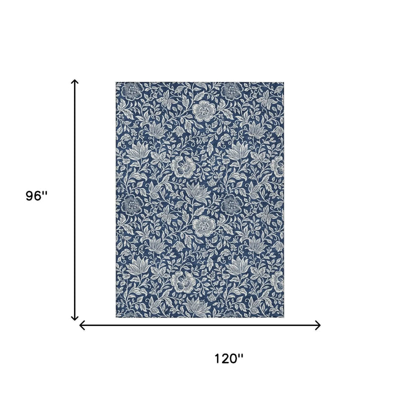 Navy blue floral patterned tablecloth, 96"x120", made from durable cotton polyester blend, perfect for elegant dining.