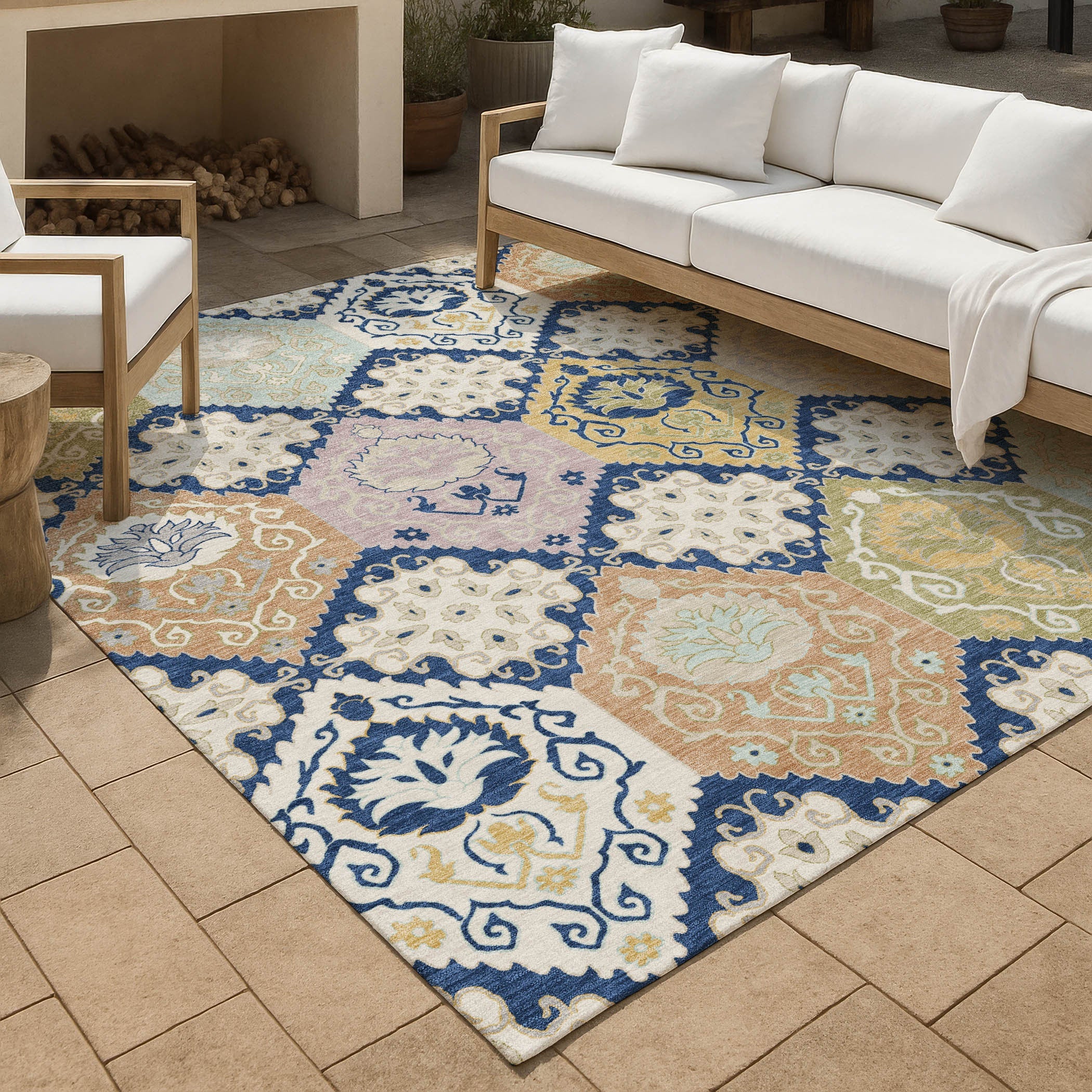 8' X 10' Navy Blue And Ivory Geometric Washable Indoor Outdoor Area Rug Homeroots Outdoor