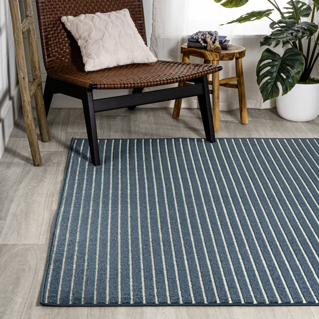 8' X 10' Navy Blue And Ivory Striped Indoor Outdoor Area Rug - GreatEagleInc