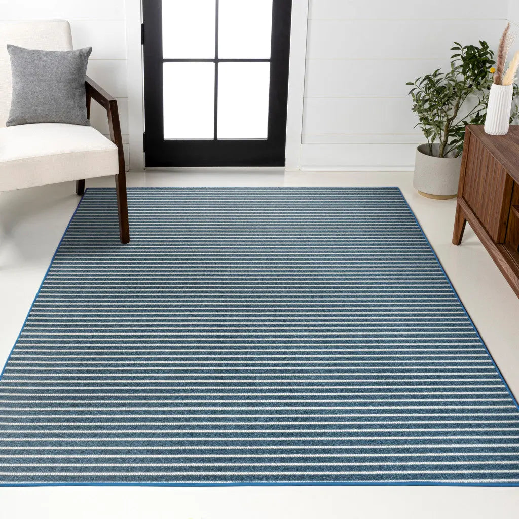 8' X 10' Navy Blue And Ivory Striped Indoor Outdoor Area Rug - GreatEagleInc