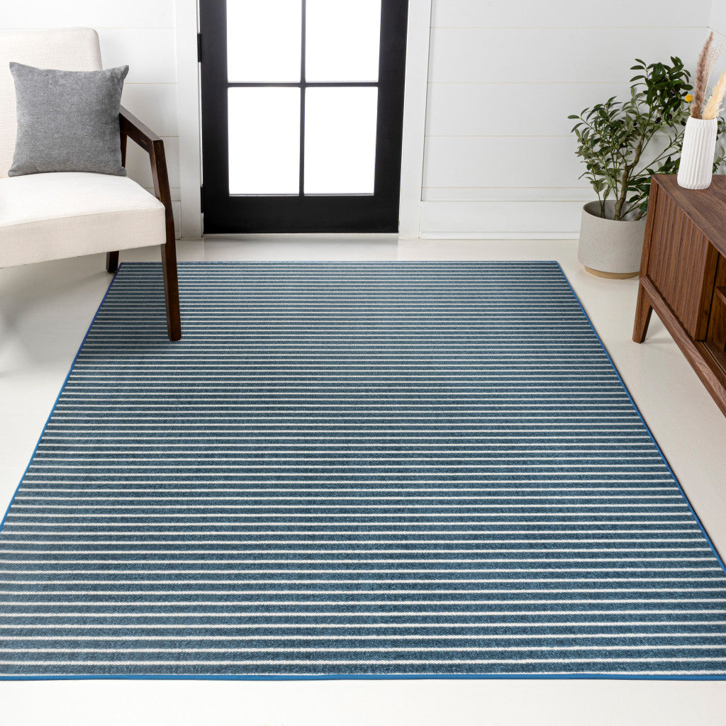 8' X 10' Navy Blue And Ivory Striped Indoor Outdoor Area Rug - GreatEagleInc