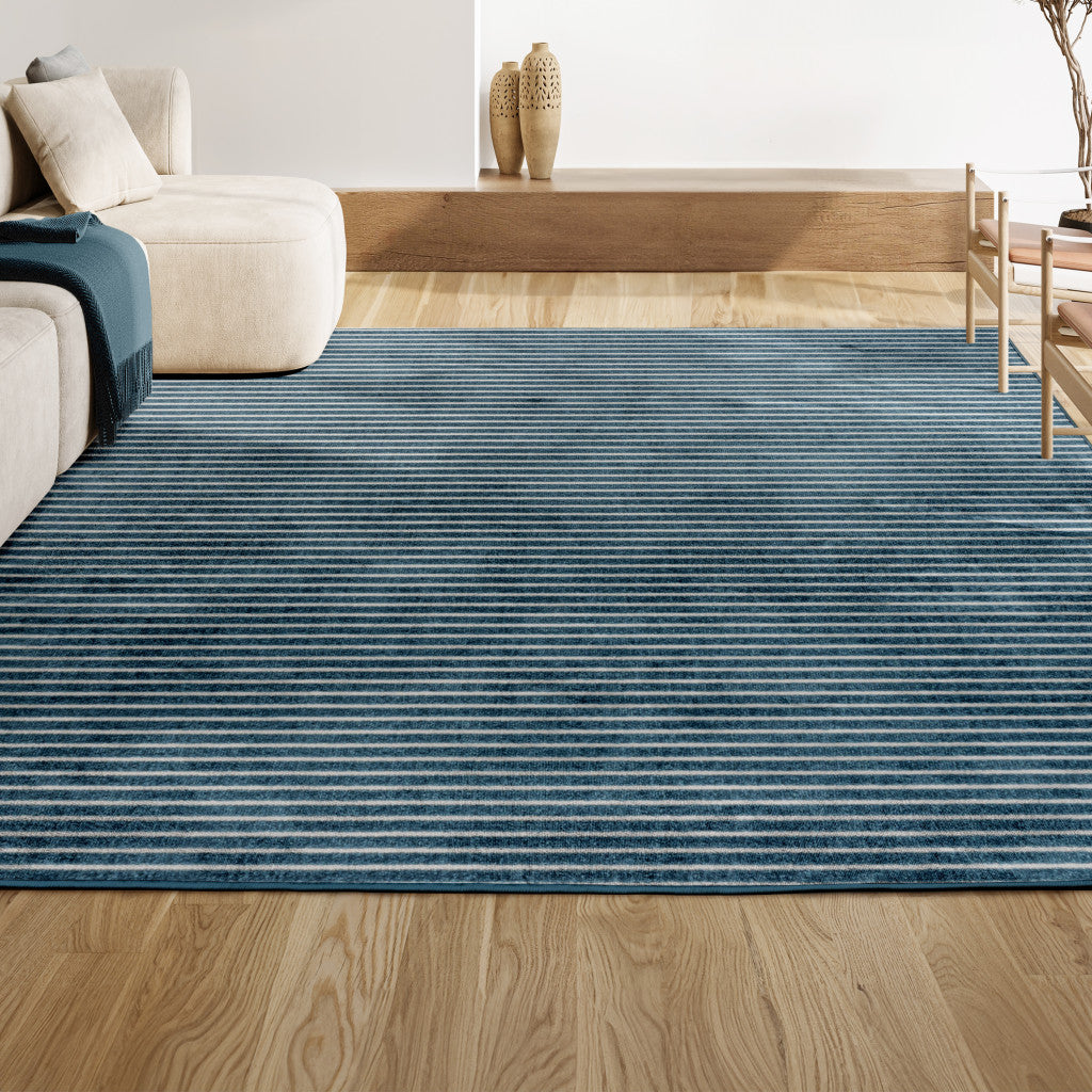 8' X 10' Navy Blue And Ivory Striped Indoor Outdoor Area Rug - GreatEagleInc