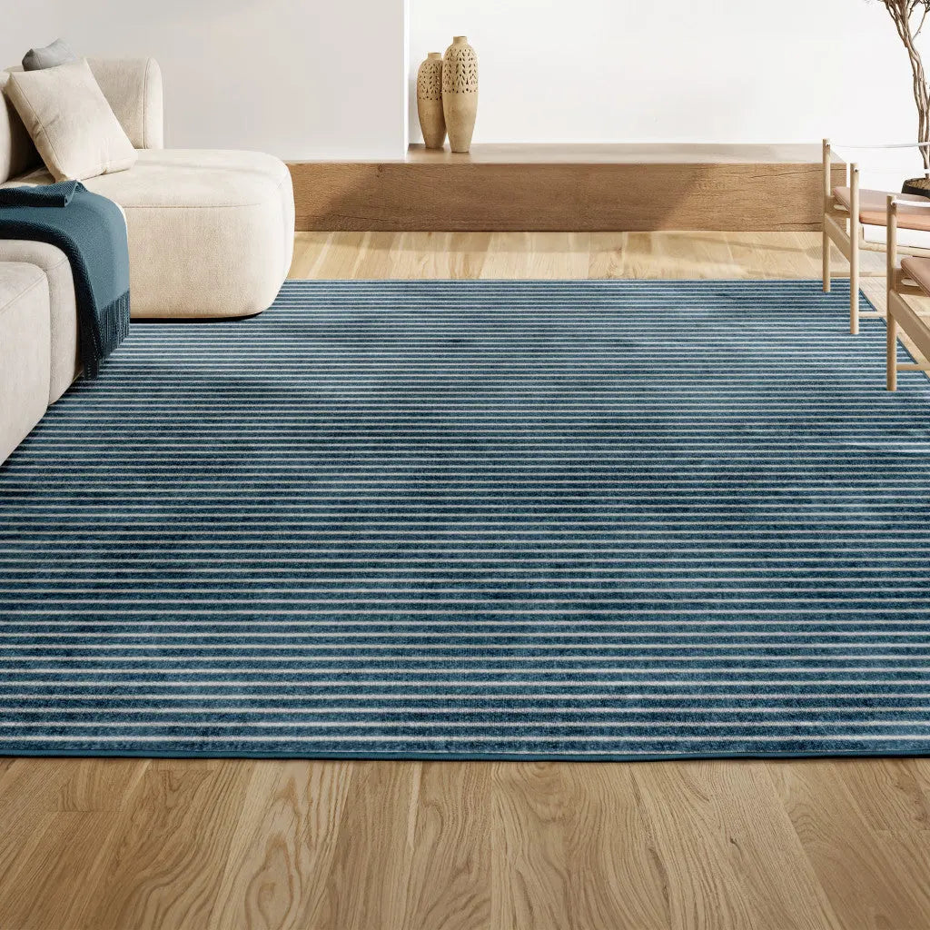 8' X 10' Navy Blue And Ivory Striped Indoor Outdoor Area Rug - GreatEagleInc