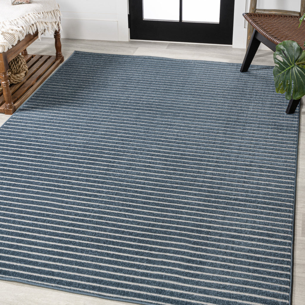 8' X 10' Navy Blue And Ivory Striped Indoor Outdoor Area Rug - GreatEagleInc