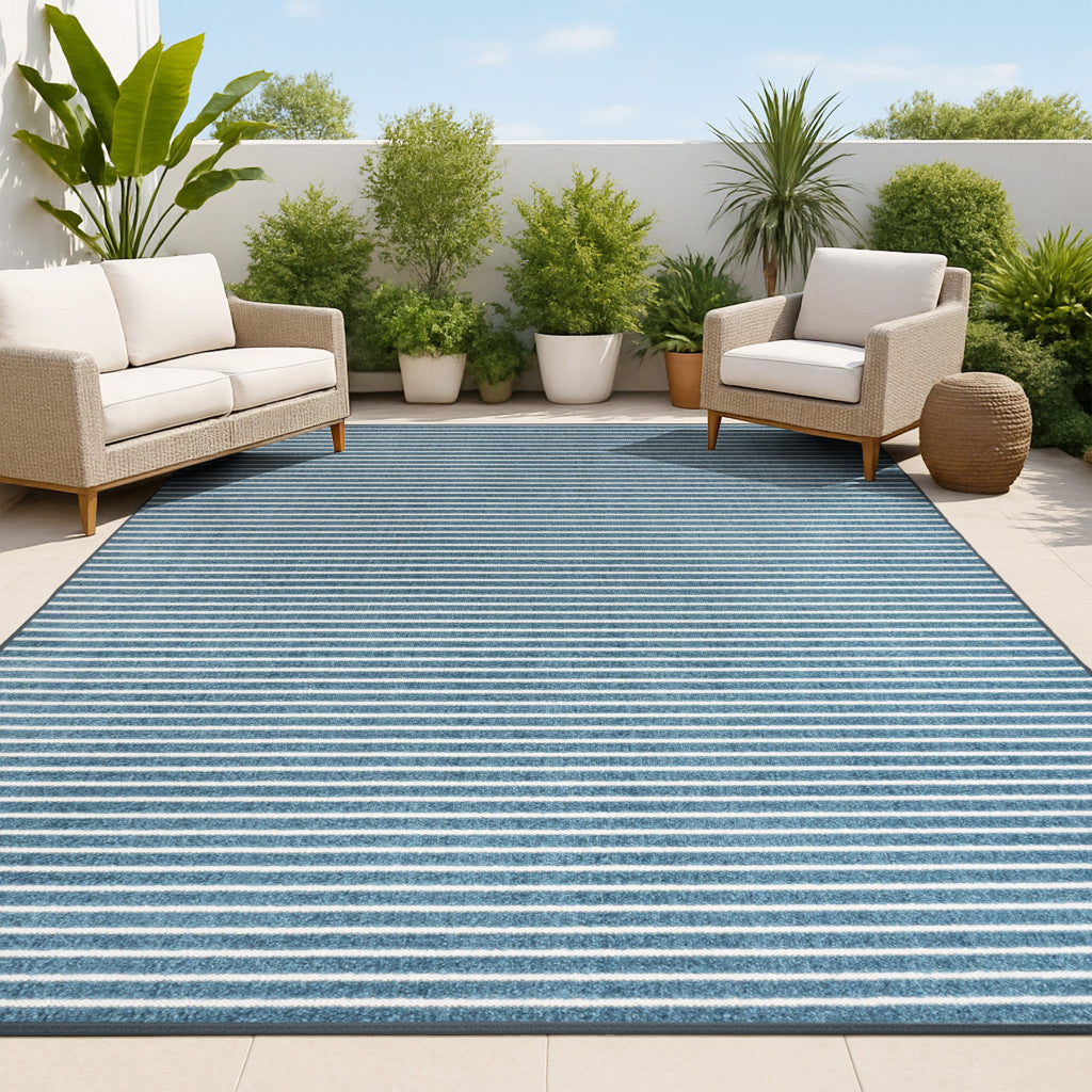 8' X 10' Navy Blue And Ivory Striped Indoor Outdoor Area Rug - GreatEagleInc