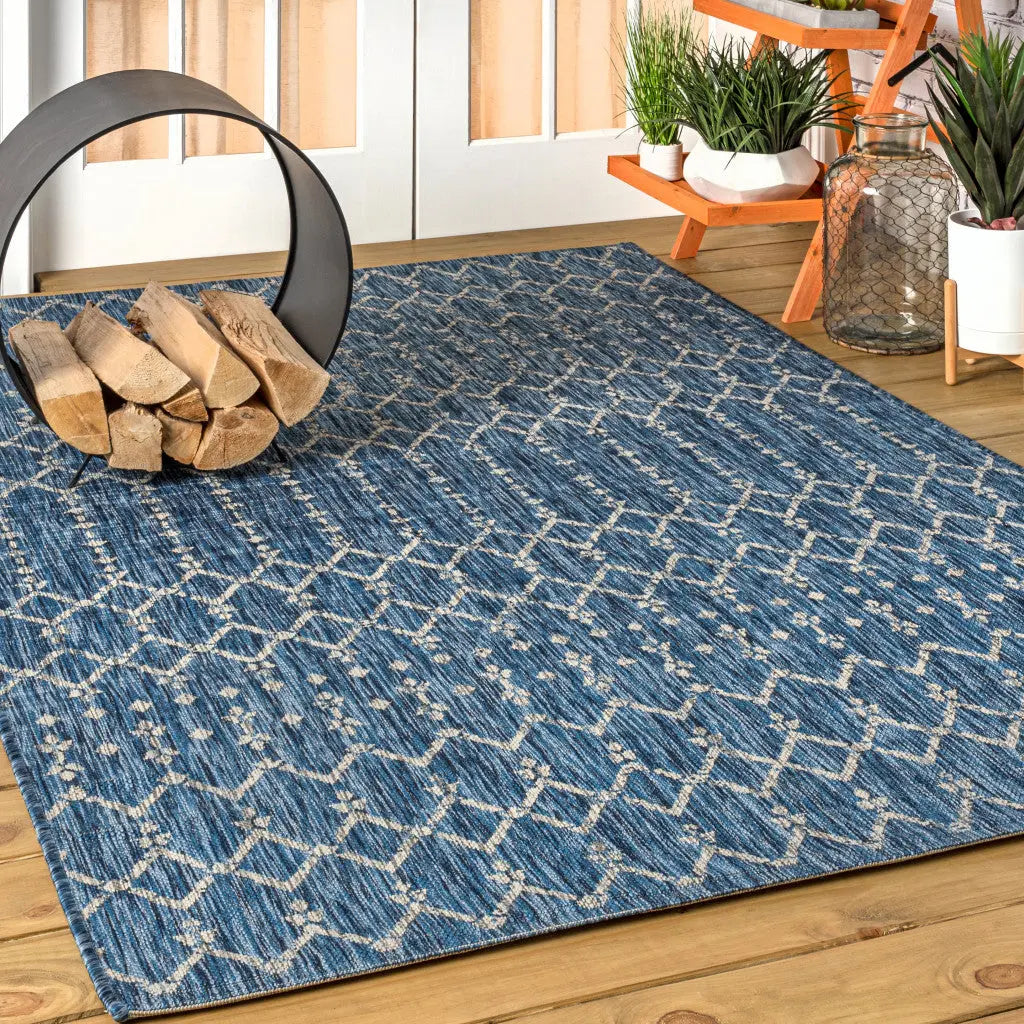 8' X 10' Navy Blue And Light Gray Trellis Indoor Outdoor Area Rug Homeroots Outdoor