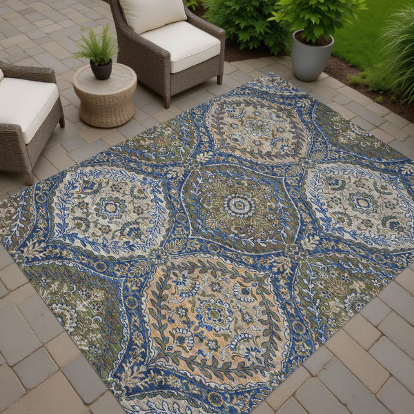 8' X 10' Navy Blue And Linen Ogee Washable Indoor Outdoor Area Rug Homeroots Outdoor