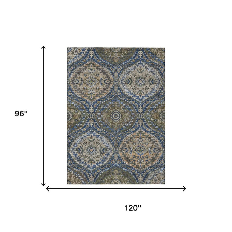 8' X 10' Navy Blue And Linen Ogee Washable Indoor Outdoor Area Rug Homeroots Outdoor