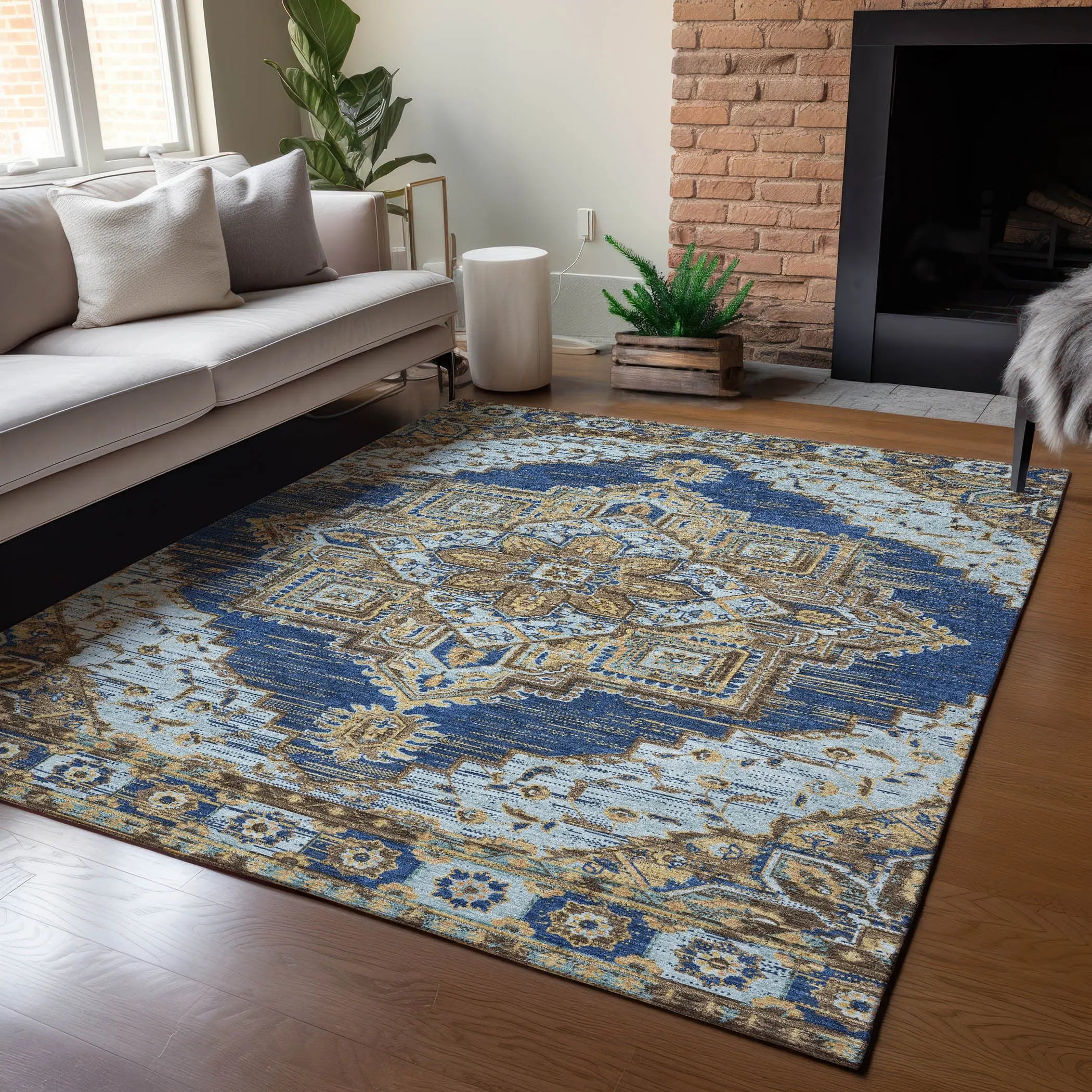 8' X 10' Navy Blue And Linen Oriental Washable Indoor Outdoor Area Rug Homeroots Outdoor