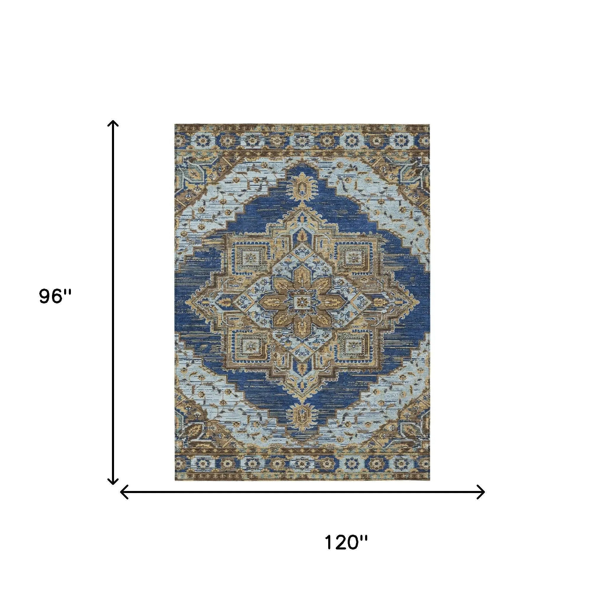 8' X 10' Navy Blue And Linen Oriental Washable Indoor Outdoor Area Rug Homeroots Outdoor