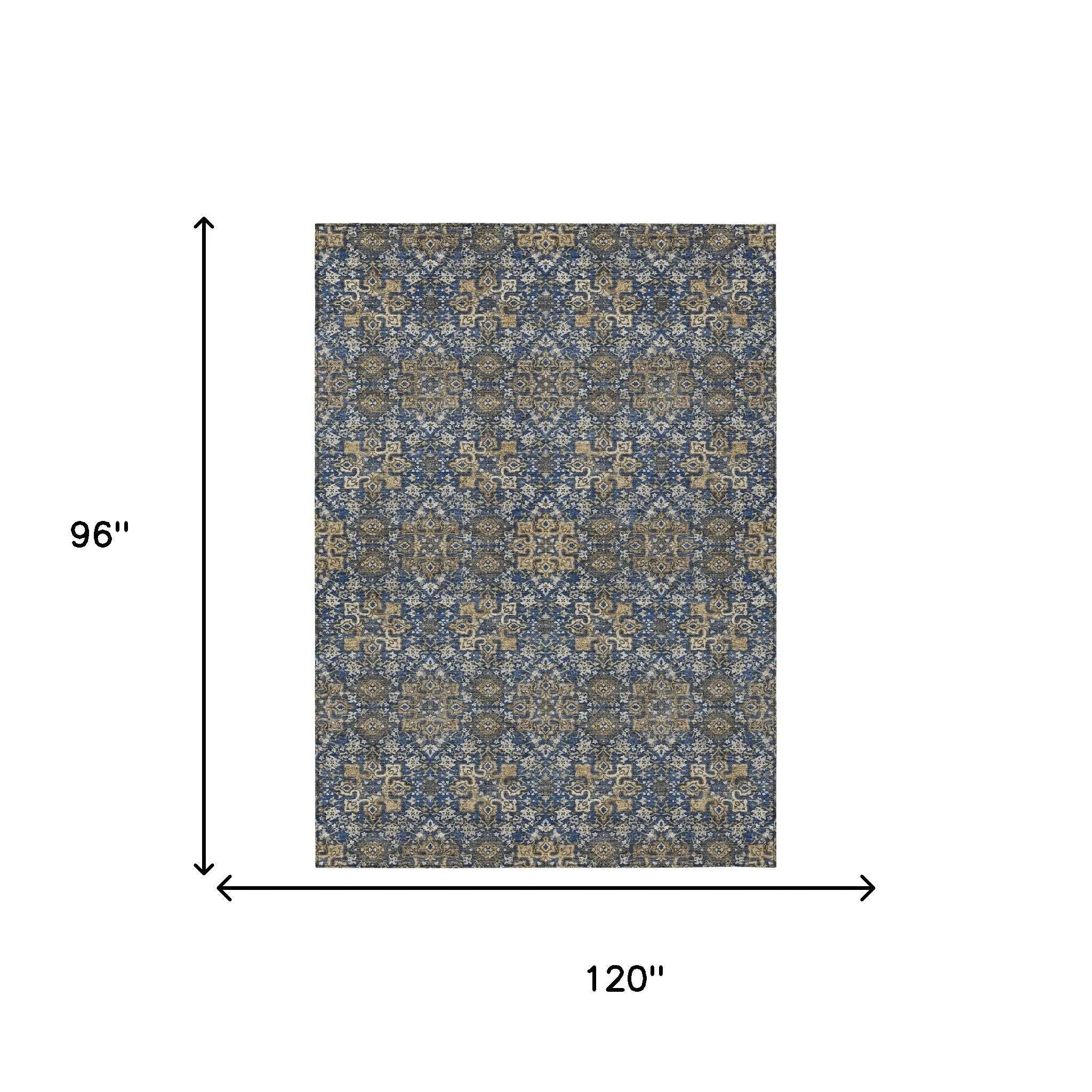 8' X 10' Navy Blue And Silver Oriental Washable Indoor Outdoor Area Rug Homeroots Outdoor