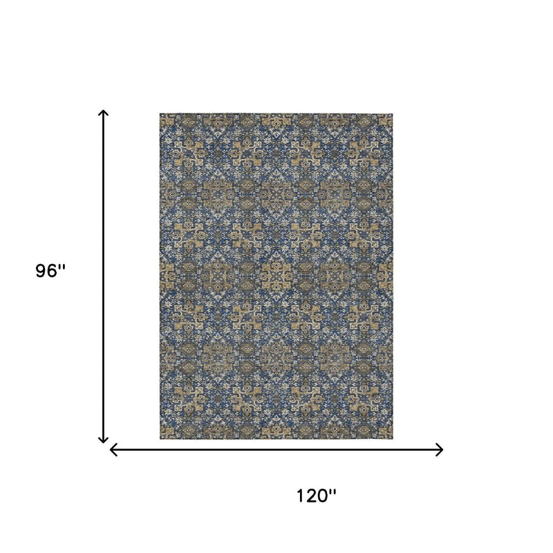8' X 10' Navy Blue And Silver Oriental Washable Indoor Outdoor Area Rug Homeroots Outdoor