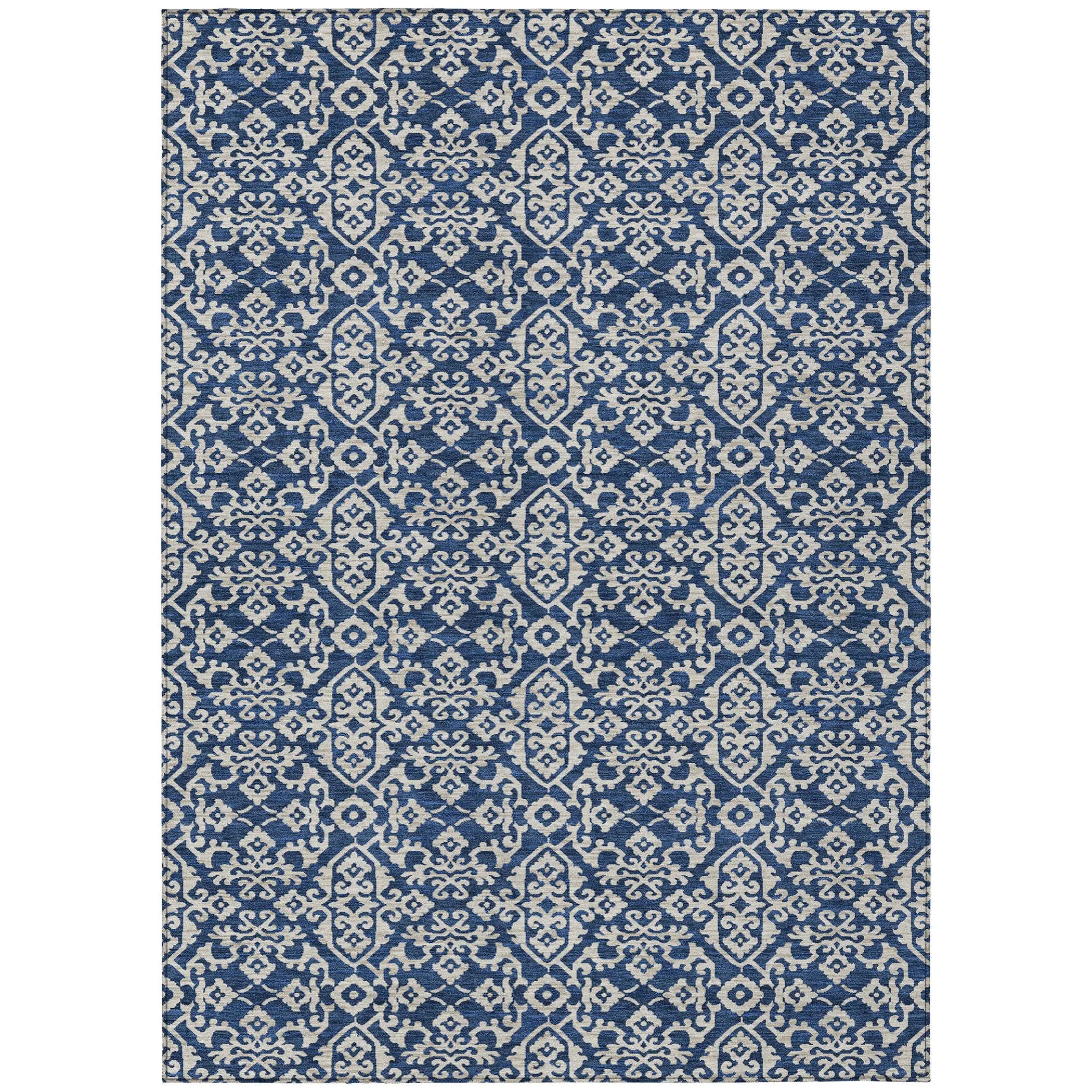 8' X 10' Navy Blue And Silver Oriental Washable Indoor Outdoor Area Rug Homeroots Outdoor