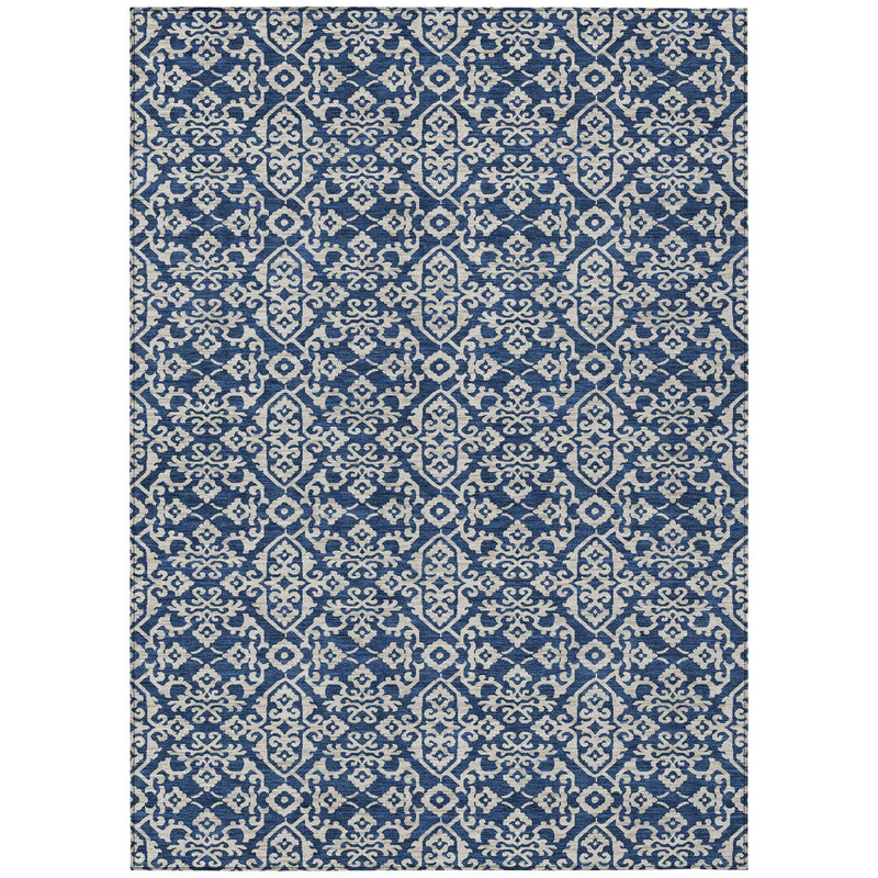 8' X 10' Navy Blue And Silver Oriental Washable Indoor Outdoor Area Rug Homeroots Outdoor