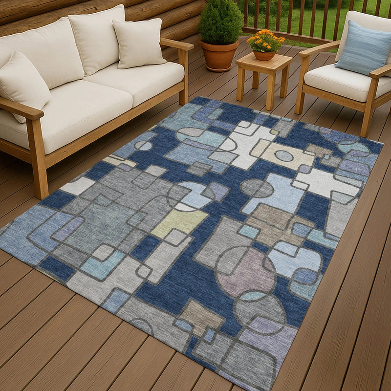 8' X 10' Navy Blue And Sky Blue Geometric Washable Indoor Outdoor Area Rug Homeroots Outdoor