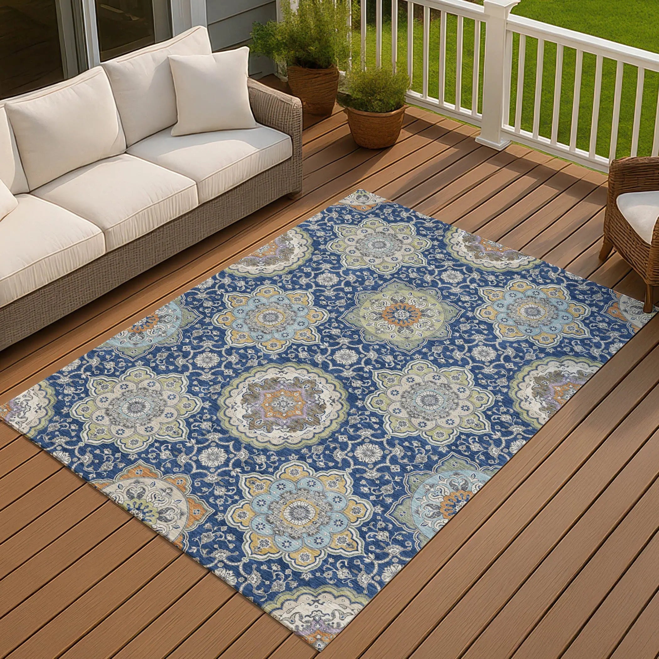 8' X 10' Navy Blue And Taupe Floral Medallion Washable Indoor Outdoor Area Rug Homeroots Outdoor