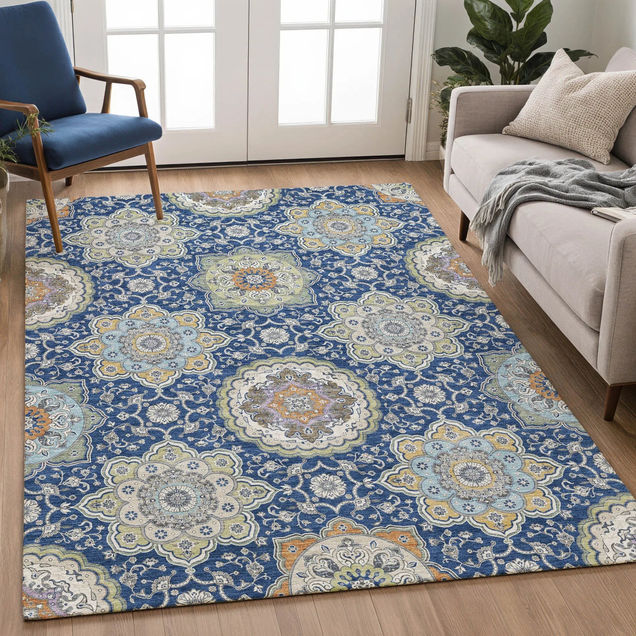 8' X 10' Navy Blue And Taupe Floral Medallion Washable Indoor Outdoor Area Rug Homeroots Outdoor