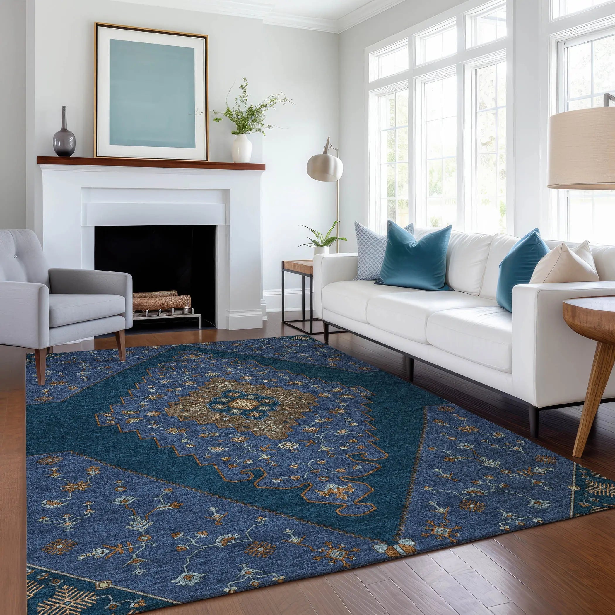 8' X 10' Navy Blue And Teal Blue Geometric Washable Indoor Outdoor Area Rug Homeroots Outdoor