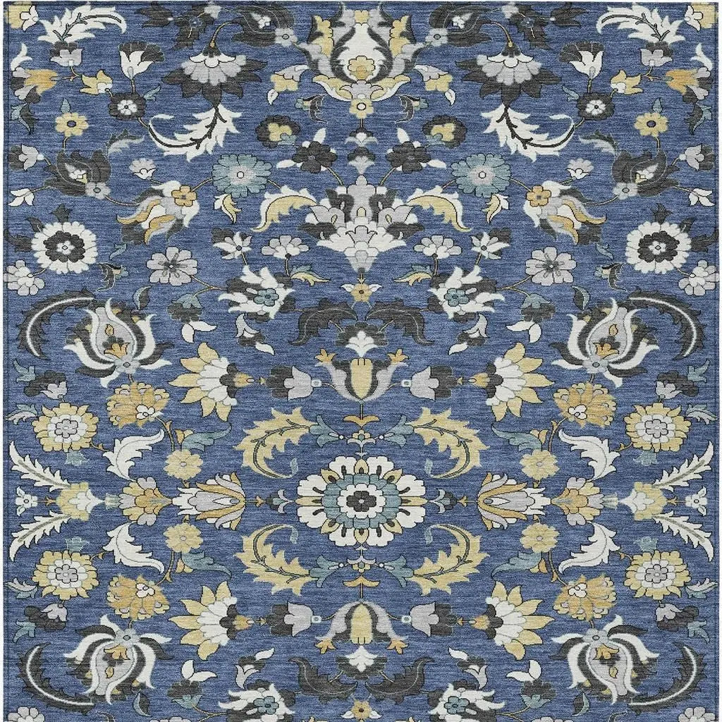 8' X 10' Navy Blue And Wheat Floral Medallion Washable Indoor Outdoor Area Rug Homeroots Outdoor
