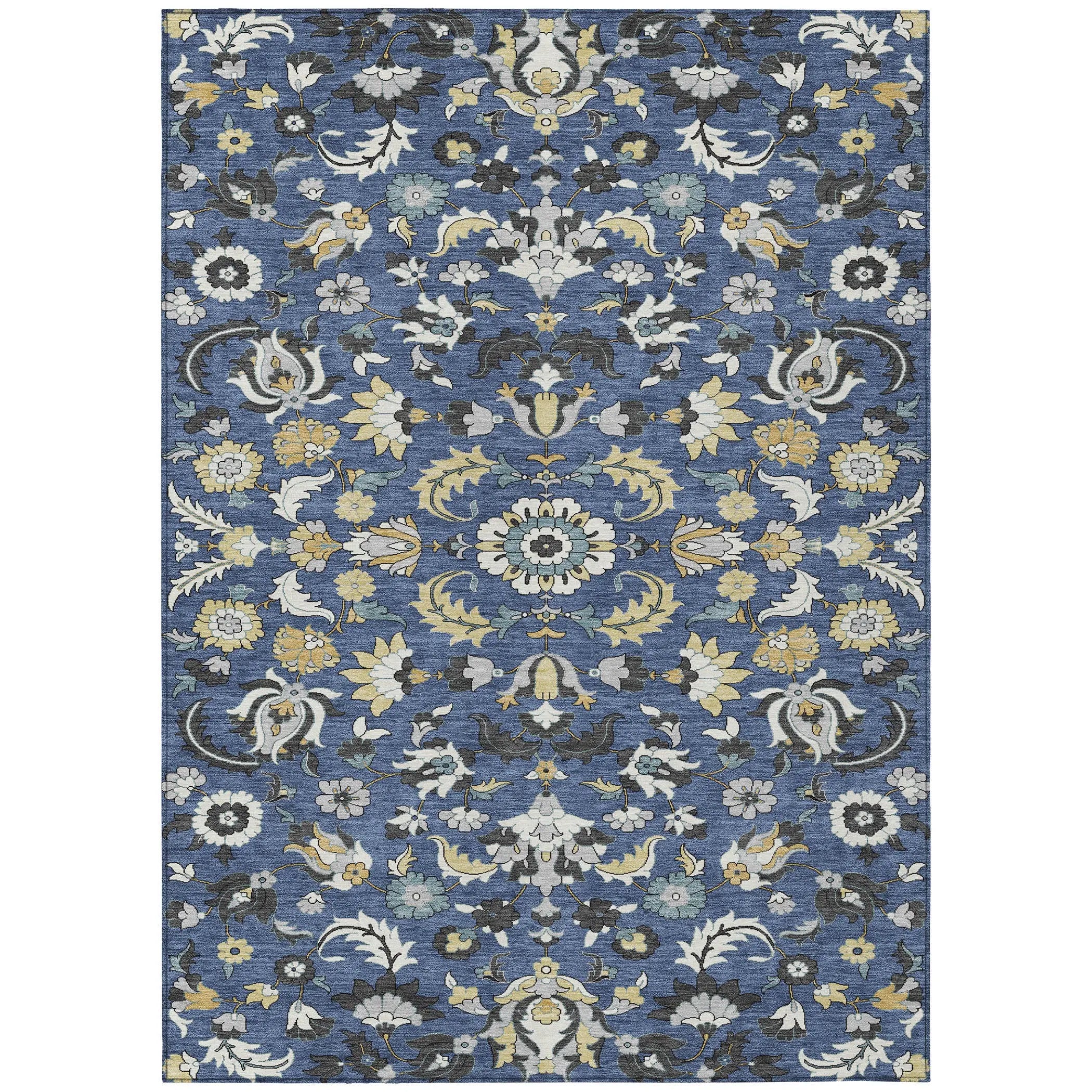 8' X 10' Navy Blue And Wheat Floral Medallion Washable Indoor Outdoor Area Rug Homeroots Outdoor