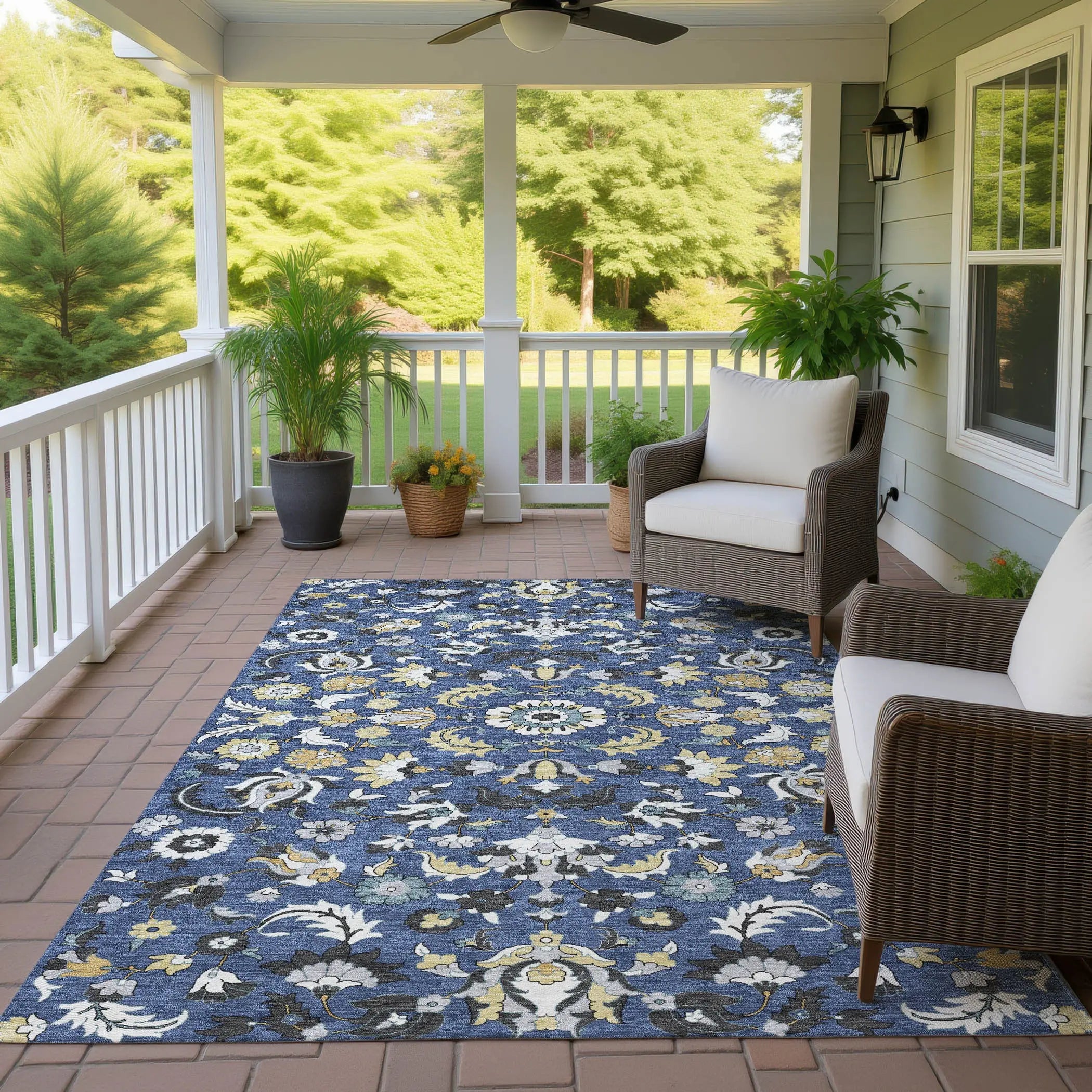 8' X 10' Navy Blue And Wheat Floral Medallion Washable Indoor Outdoor Area Rug Homeroots Outdoor