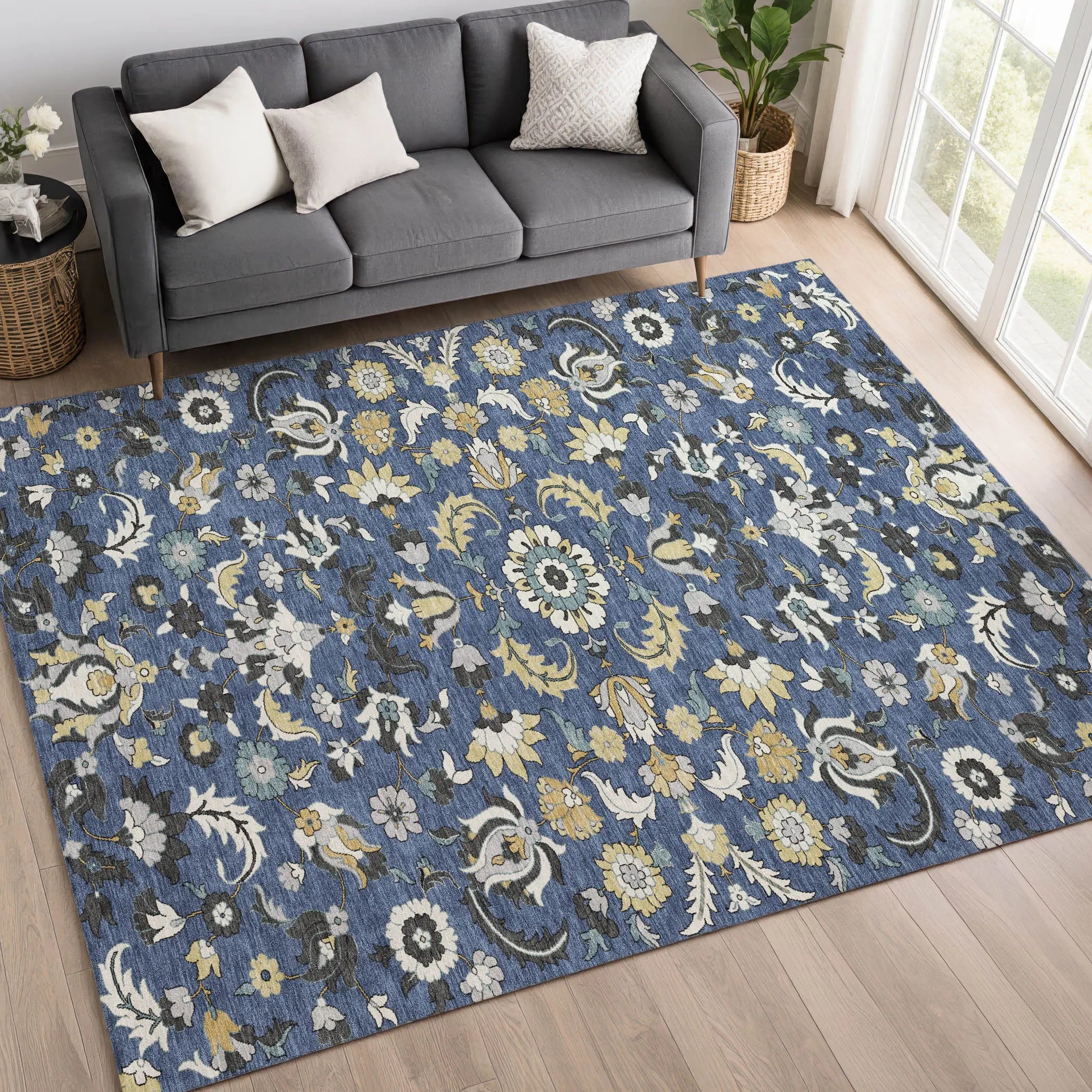 8' X 10' Navy Blue And Wheat Floral Medallion Washable Indoor Outdoor Area Rug Homeroots Outdoor