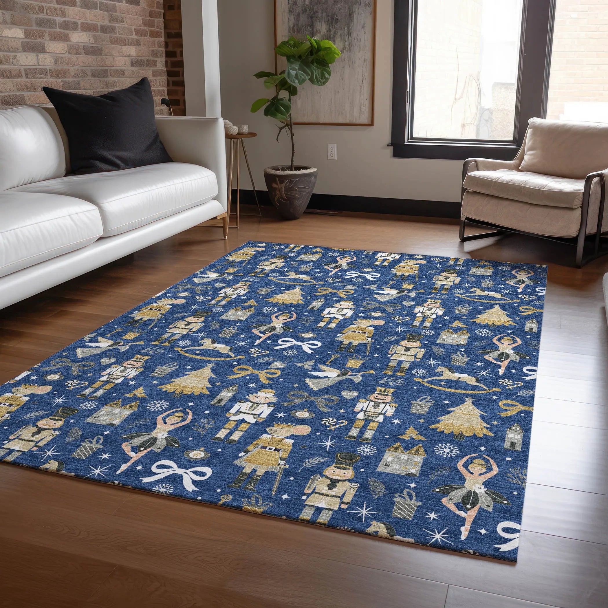 8' X 10' Navy Blue Gold Black And Gray Village House Washable Indoor Outdoor Area Rug Homeroots Outdoor