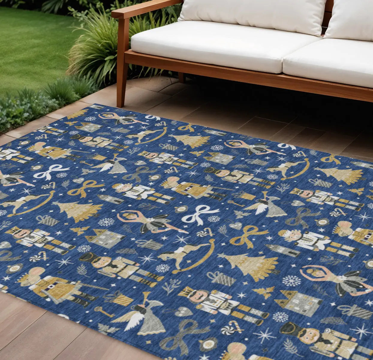 8' X 10' Navy Blue Gold Black And Gray Village House Washable Indoor Outdoor Area Rug Homeroots Outdoor