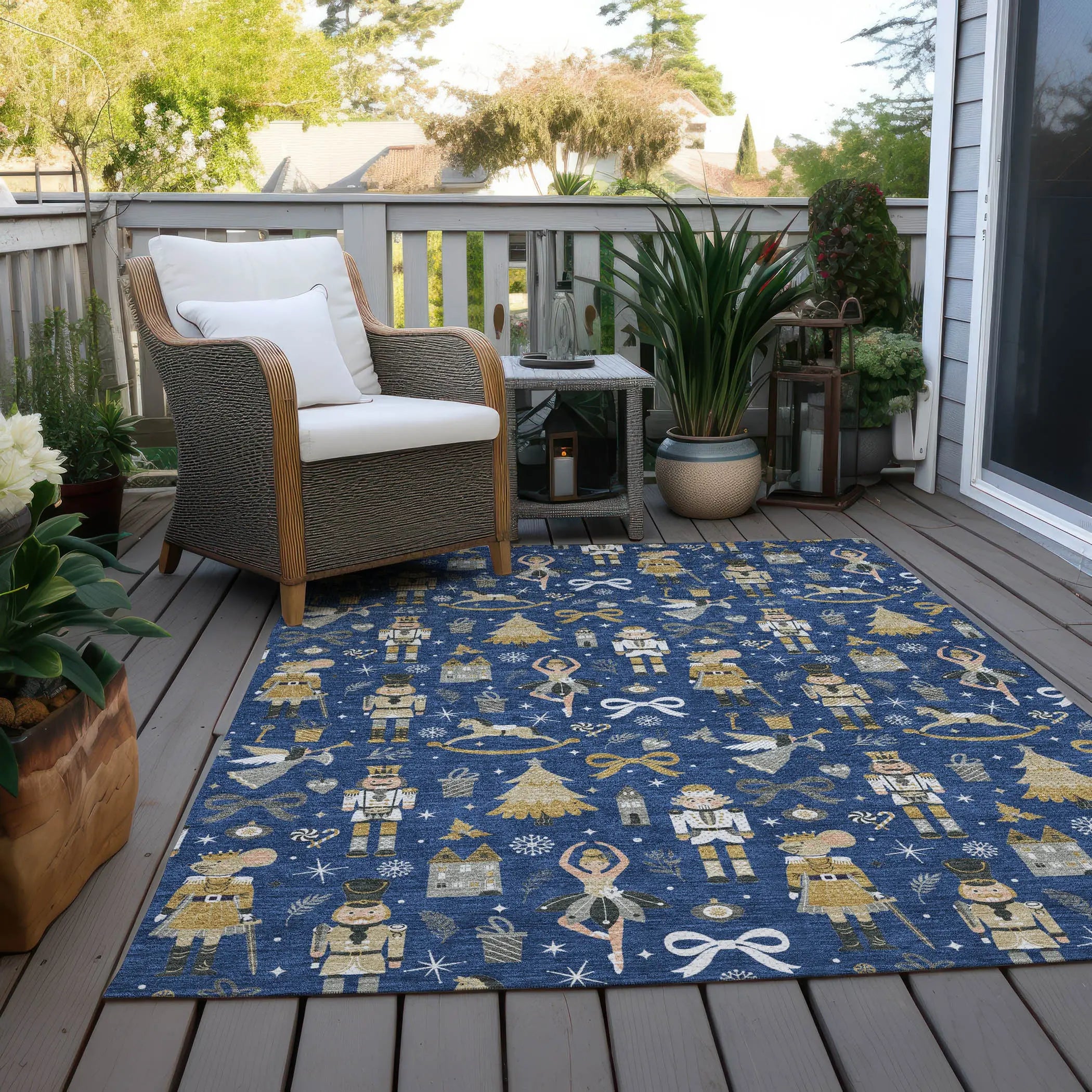 8' X 10' Navy Blue Gold Black And Gray Village House Washable Indoor Outdoor Area Rug Homeroots Outdoor