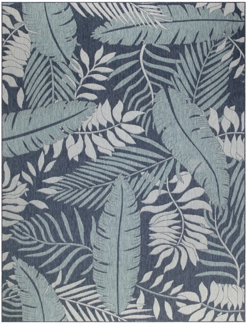 Blue and mint green tropical leaf area rug, woven fabric, modern style, perfect for indoor or outdoor decor.