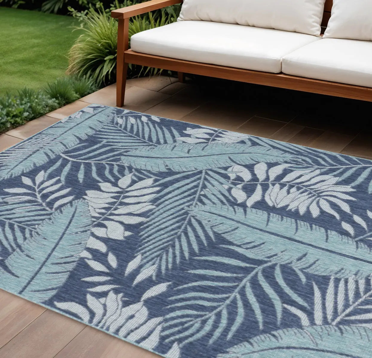 8' X 10' Navy Blue Sky Blue And Ivory Palm Leaf Indoor Outdoor Area Rug Homeroots Outdoor