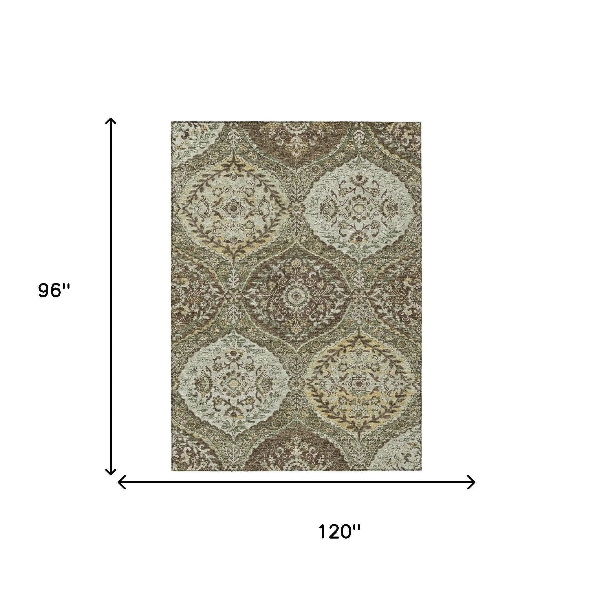 8' X 10' Olive Green And Blue Ogee Washable Indoor Outdoor Area Rug Homeroots Outdoor