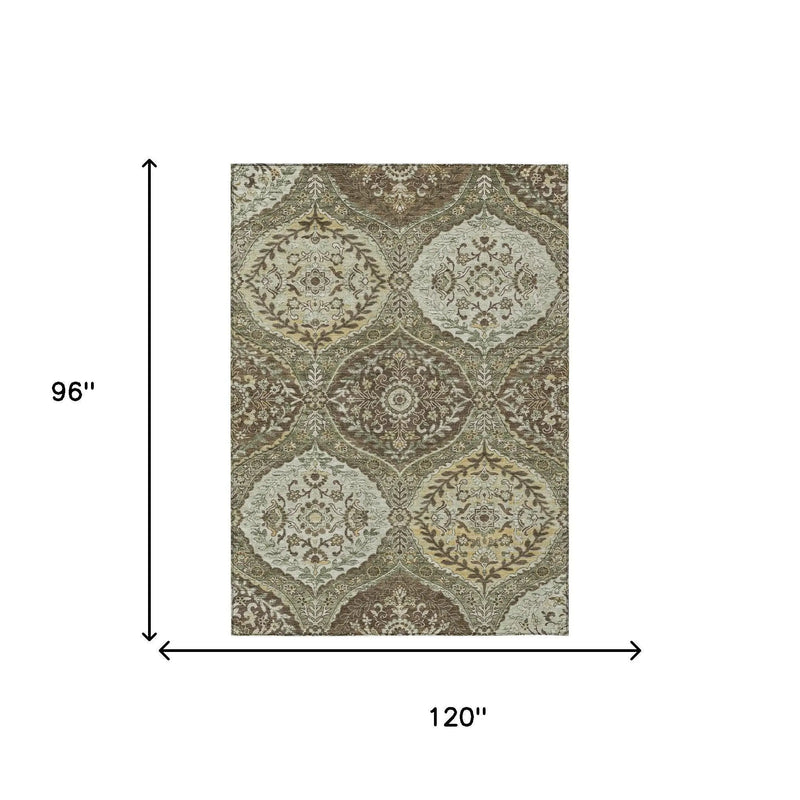 8' X 10' Olive Green And Blue Ogee Washable Indoor Outdoor Area Rug Homeroots Outdoor