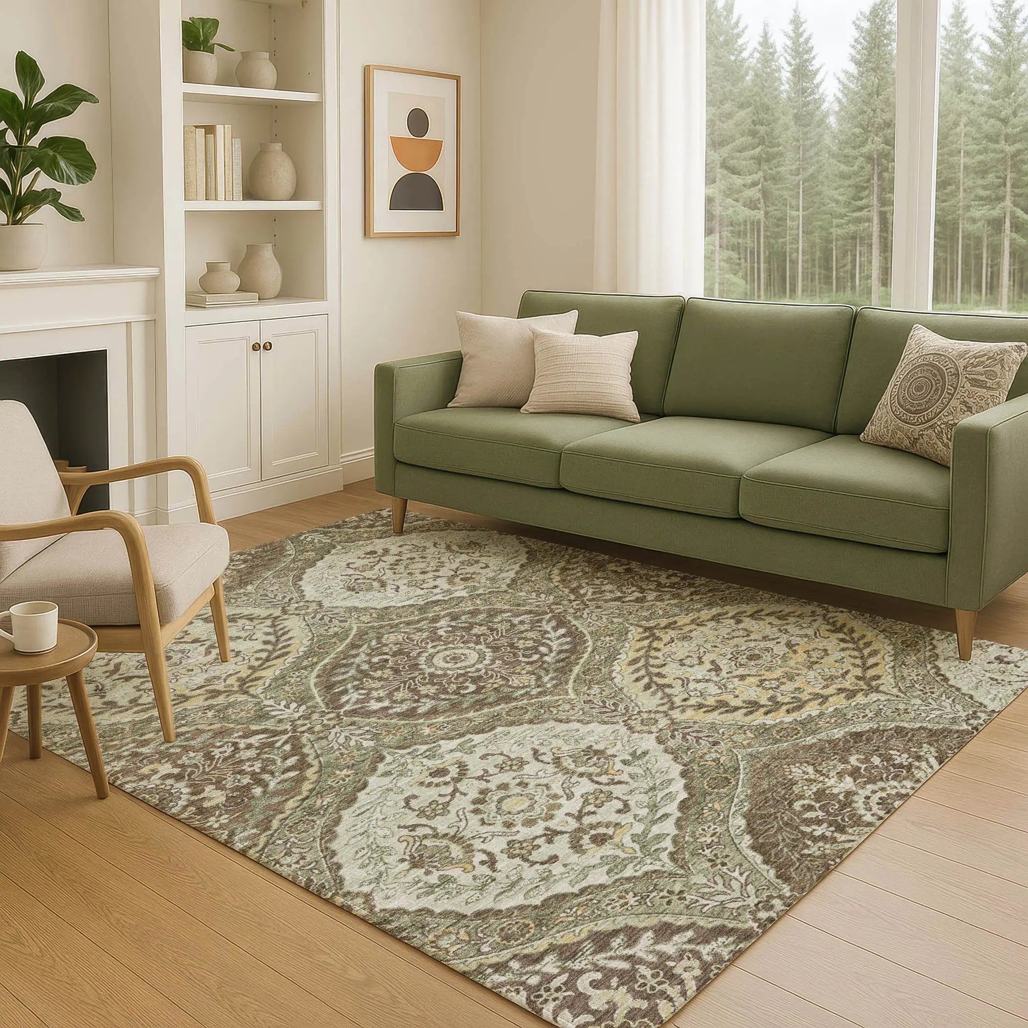 8' X 10' Olive Green And Blue Ogee Washable Indoor Outdoor Area Rug Homeroots Outdoor