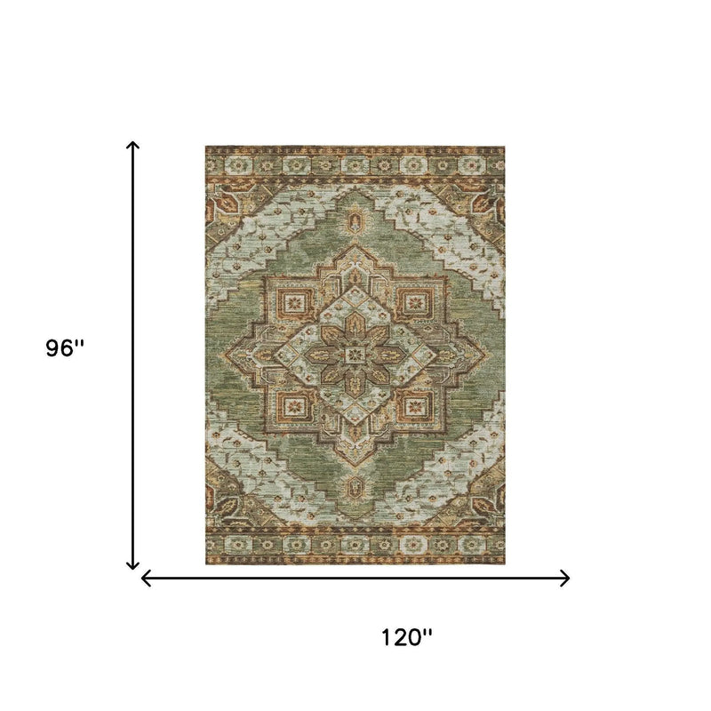 8' X 10' Olive Green And Blue Oriental Washable Indoor Outdoor Area Rug Homeroots Outdoor