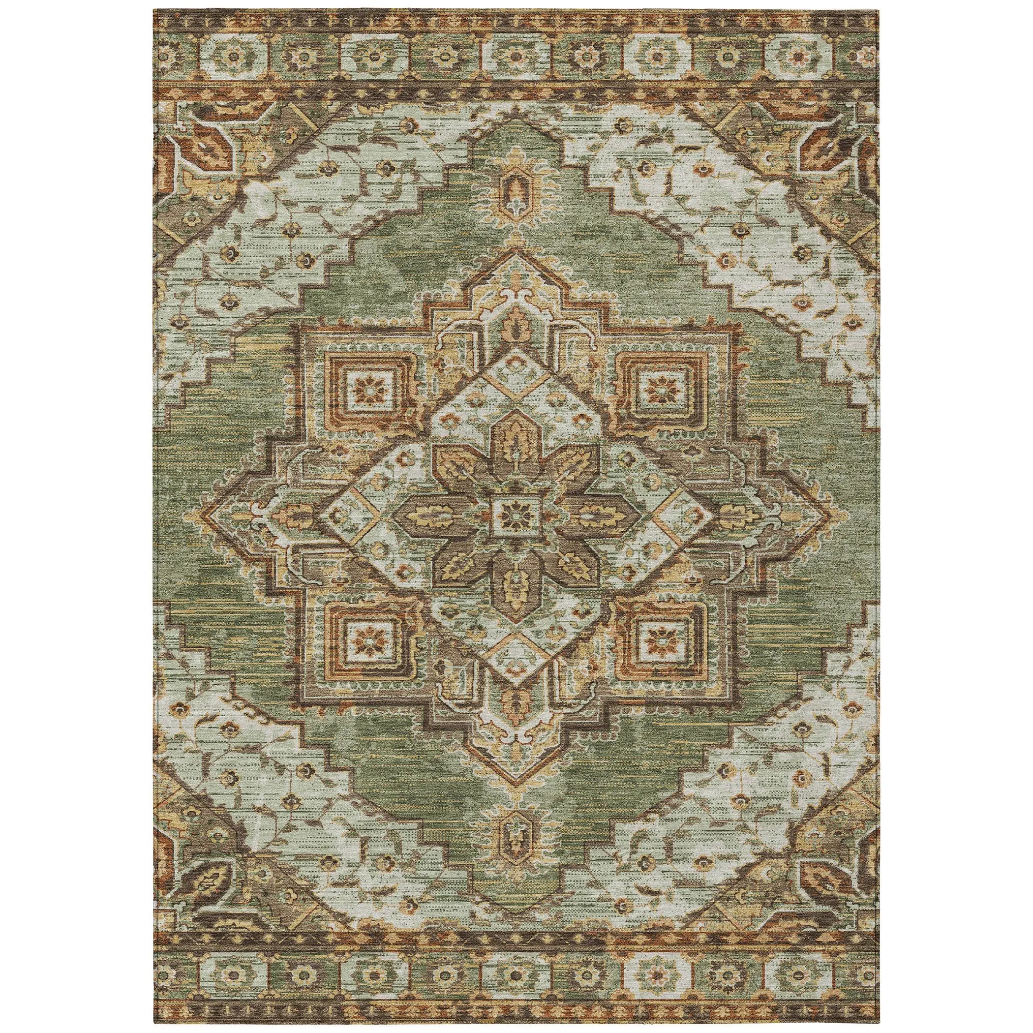 8' X 10' Olive Green And Blue Oriental Washable Indoor Outdoor Area Rug Homeroots Outdoor