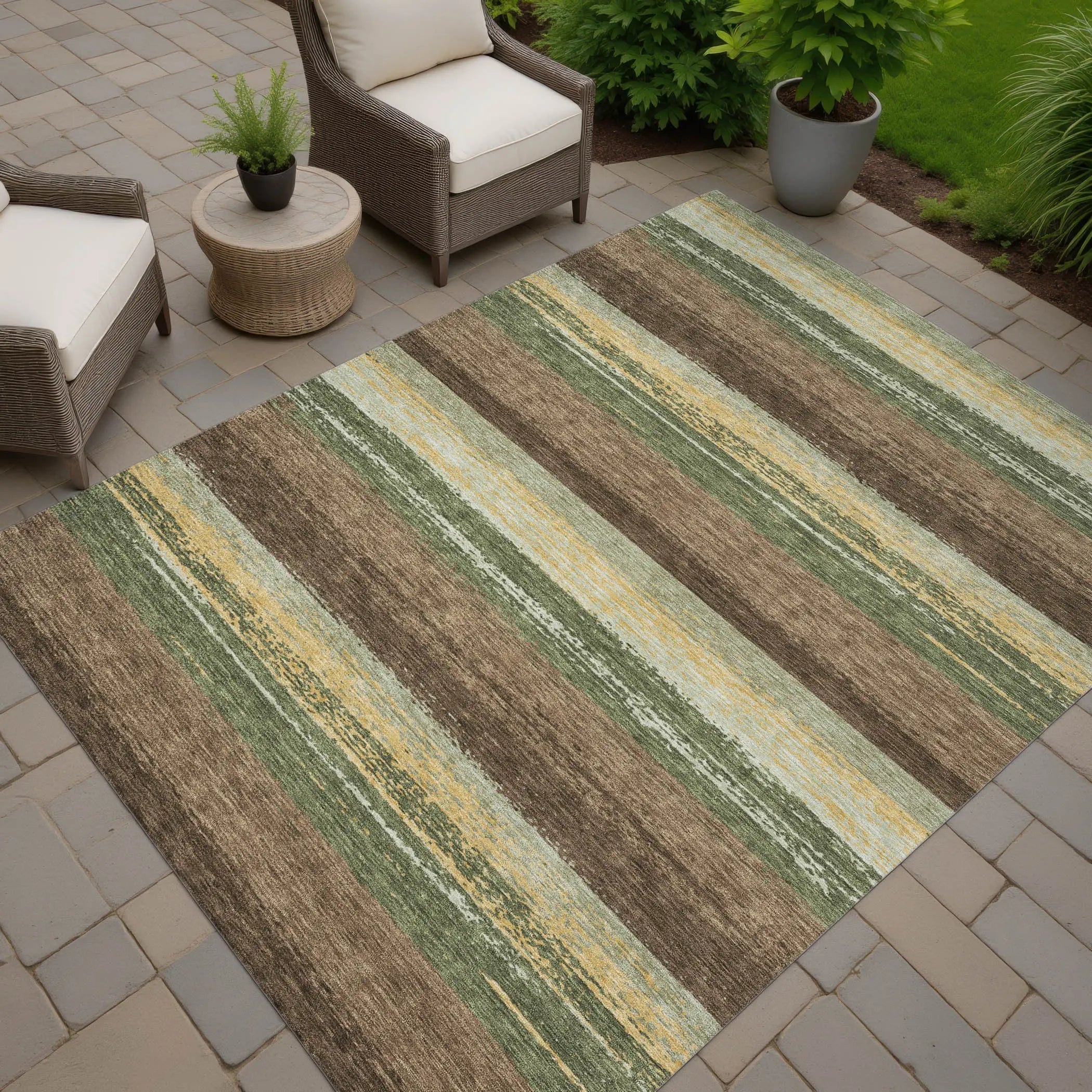 8' X 10' Olive Green And Blue Striped Washable Indoor Outdoor Area Rug Homeroots Outdoor