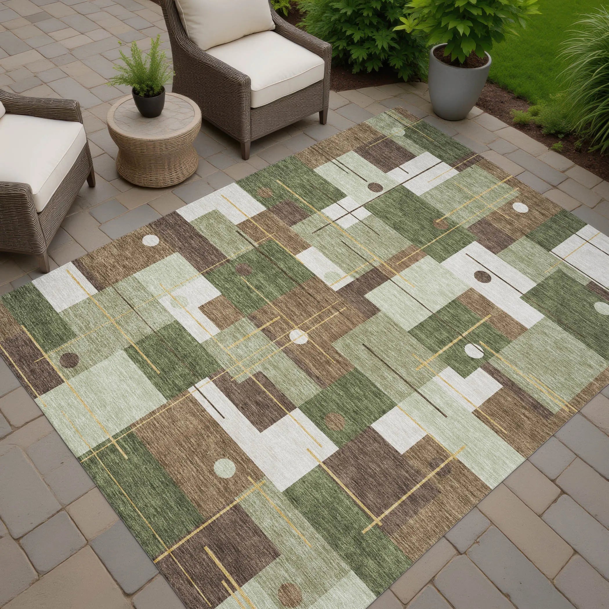 8' X 10' Olive Green And Brown Geometric Washable Indoor Outdoor Area Rug Homeroots Outdoor