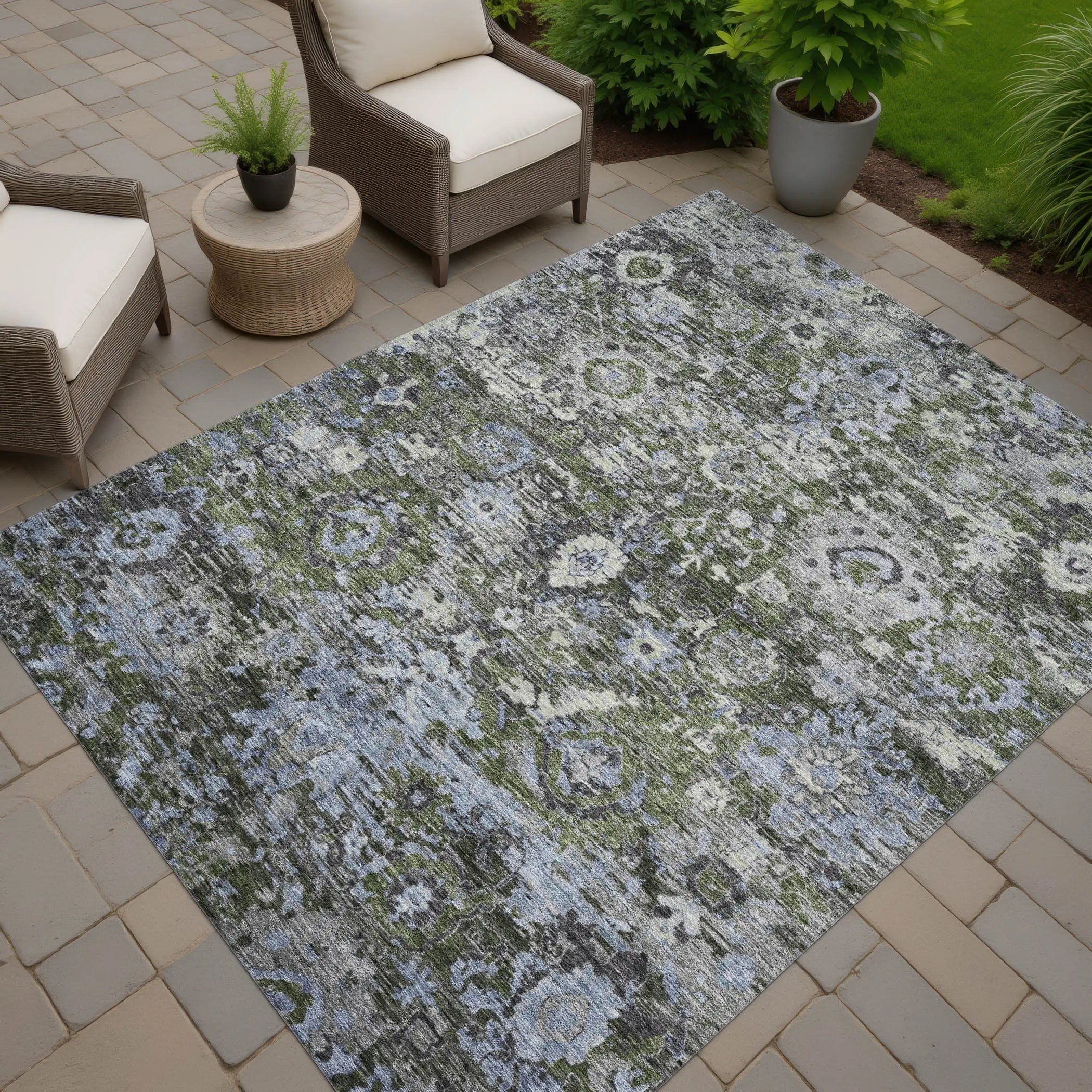 8' X 10' Olive Green And Denim Blue Floral Washable Indoor Outdoor Area Rug Homeroots Outdoor