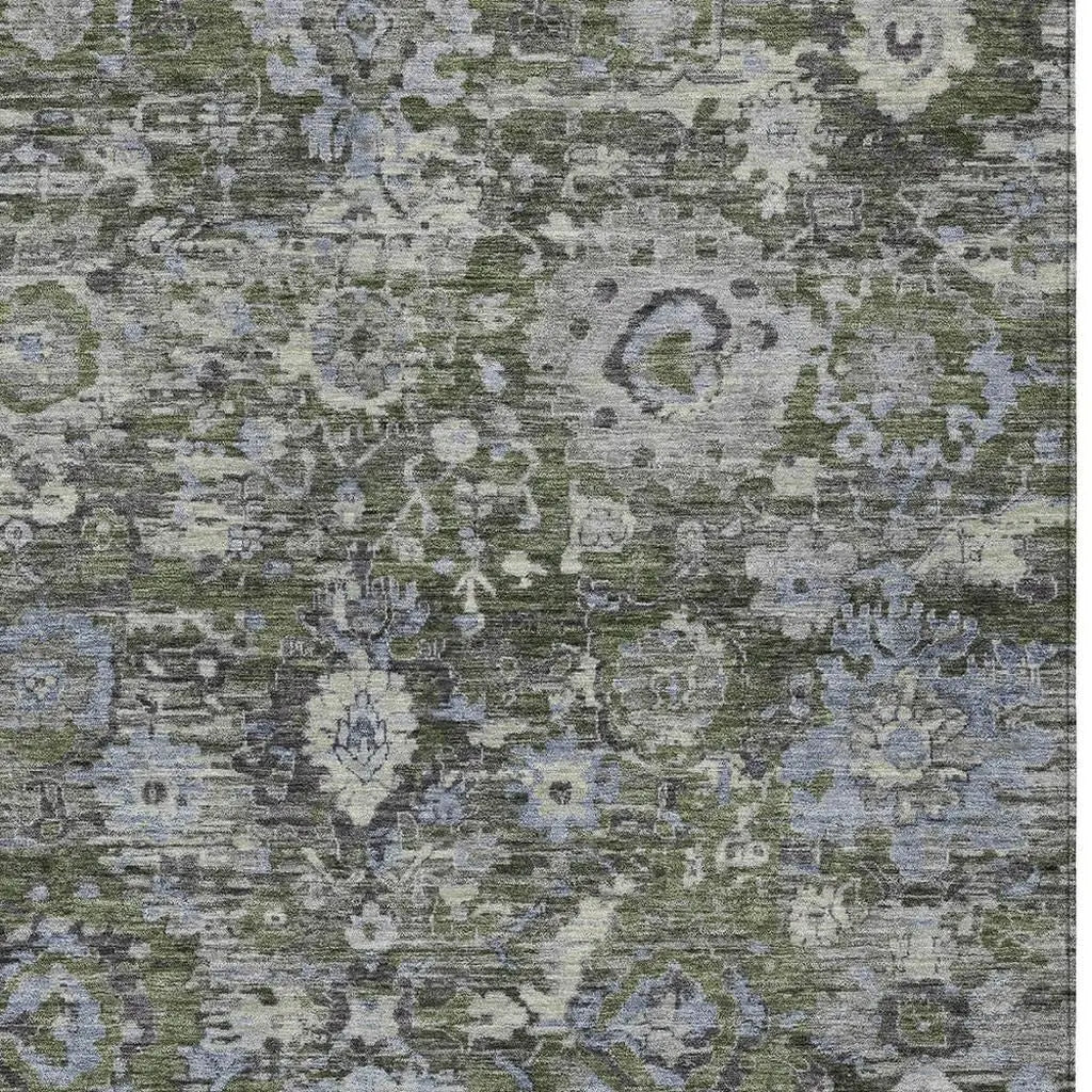 8' X 10' Olive Green And Denim Blue Floral Washable Indoor Outdoor Area Rug Homeroots Outdoor