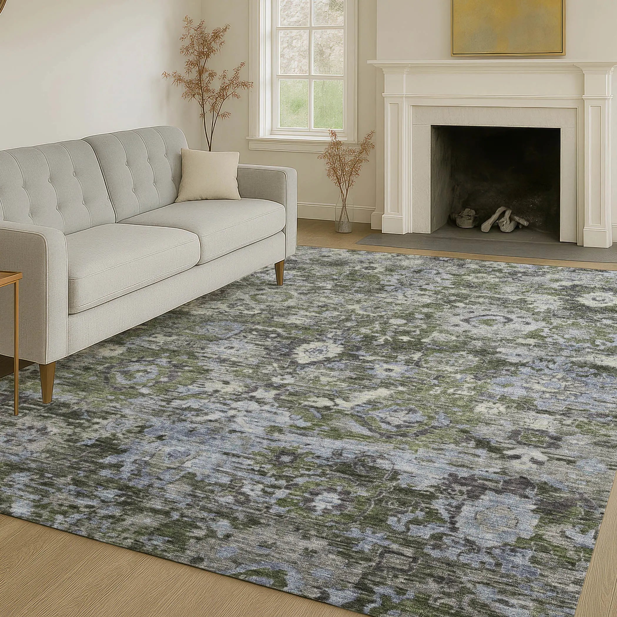 8' X 10' Olive Green And Denim Blue Floral Washable Indoor Outdoor Area Rug Homeroots Outdoor