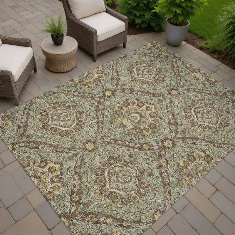 8' X 10' Olive Green And Granite Gray Floral Washable Indoor Outdoor Area Rug Homeroots Outdoor