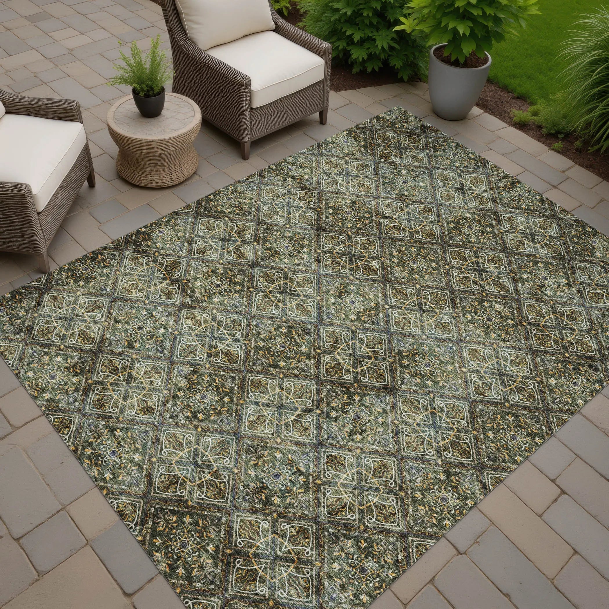 8' X 10' Olive Green And Graphite Geometric Washable Indoor Outdoor Area Rug Homeroots Outdoor