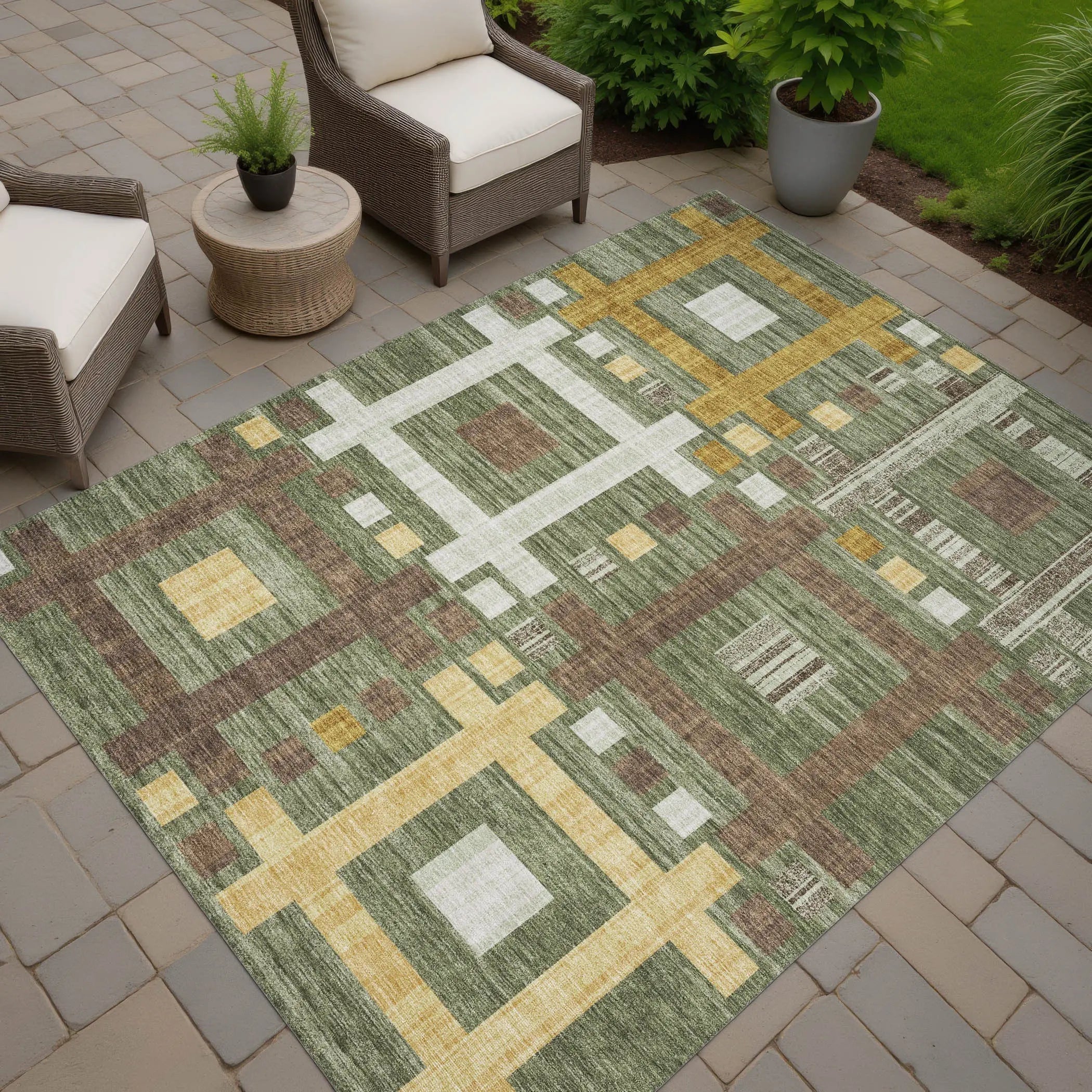 8' X 10' Olive Green And Gray Geometric Washable Indoor Outdoor Area Rug Homeroots Outdoor