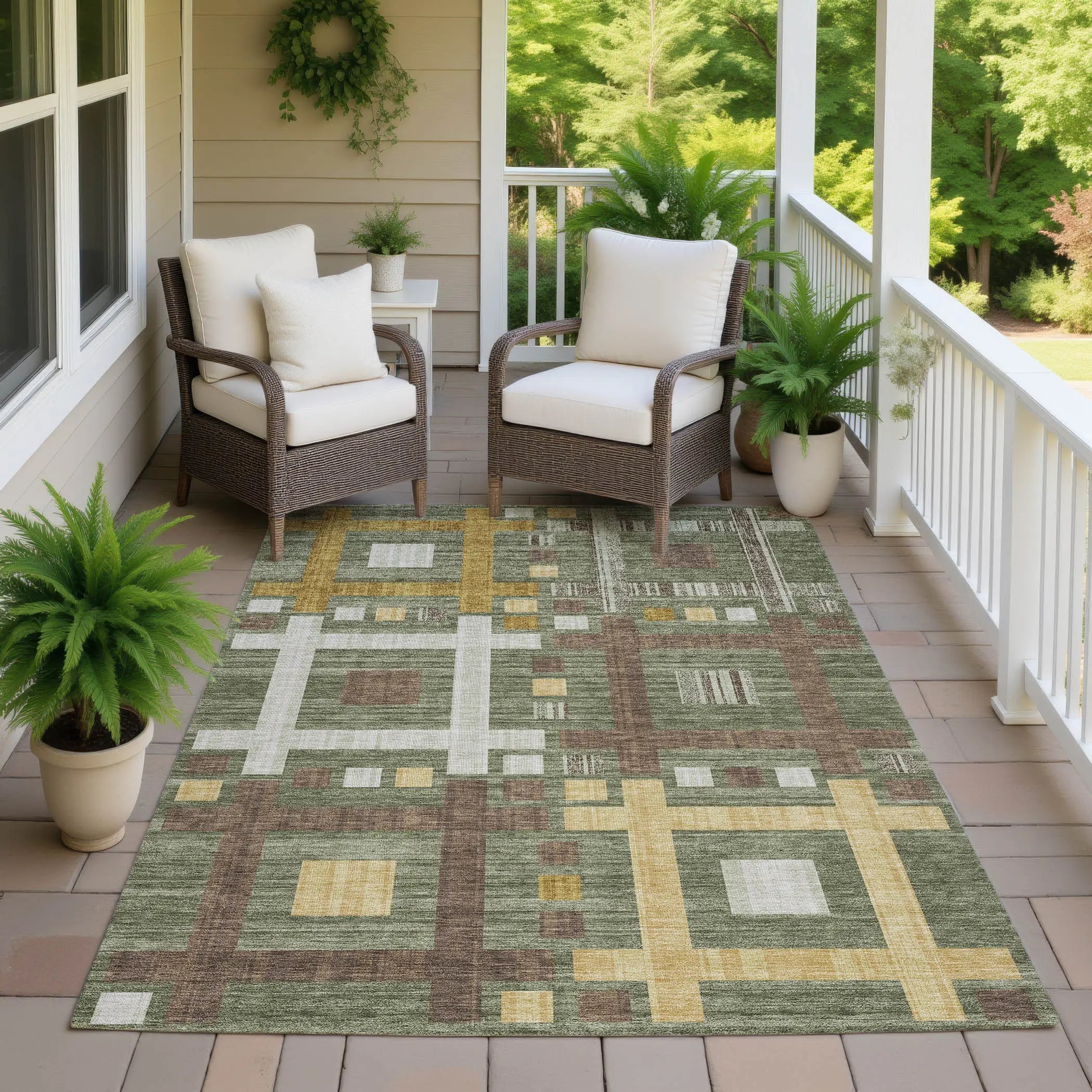 8' X 10' Olive Green And Gray Geometric Washable Indoor Outdoor Area Rug Homeroots Outdoor