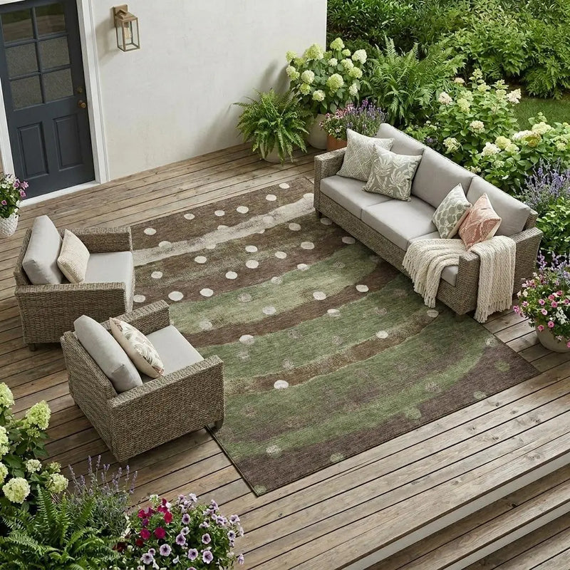 8' X 10' Olive Green And Gray Striped Washable Indoor Outdoor Area Rug Homeroots Outdoor