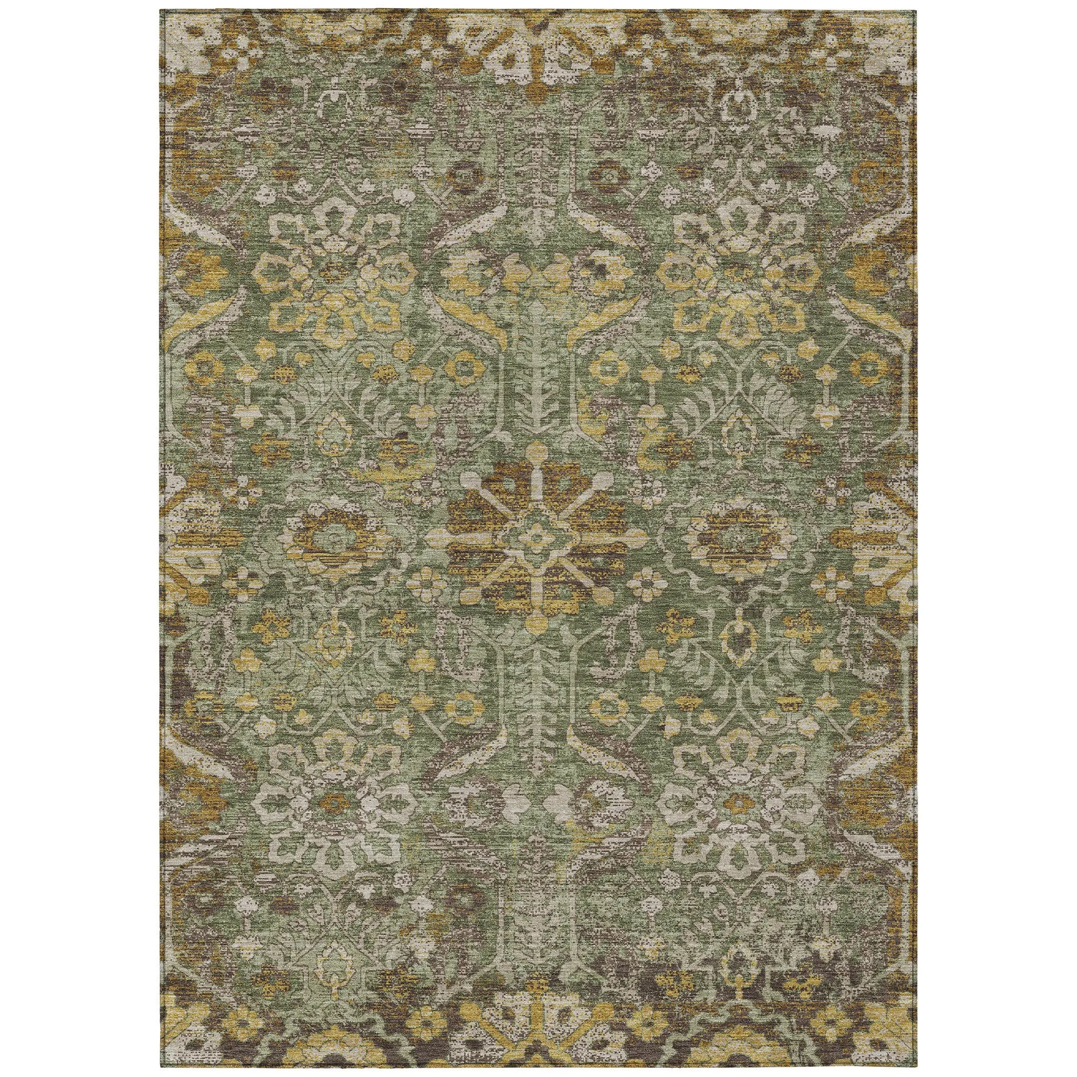 8' X 10' Olive Green And Green Damask Washable Indoor Outdoor Area Rug Homeroots Outdoor