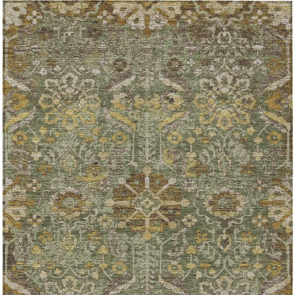 8' X 10' Olive Green And Green Damask Washable Indoor Outdoor Area Rug Homeroots Outdoor